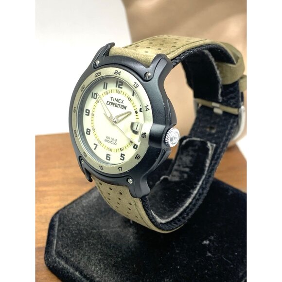 Timex Men's Watch Expedition Quartz Indiglo Beige Dial Leather Nylon Strap 39mm - Picture 2 of 14